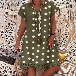 Army green polka dot V-neck midi dress with short sleeves in breathable cotton linen