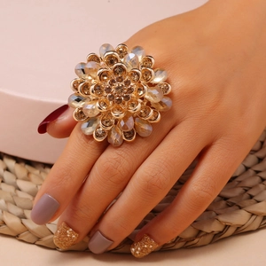 Exaggerated Crystal Flower Ring Vintage Alloy Rhinestone Statement Luxury Adjustable Jewelry For Women