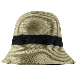 Hepburn style straw bucket hat in beige with black ribbon for summer sun protection