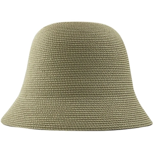 Detail of khaki woven straw bucket hat showing tight stitching and rounded crown texture