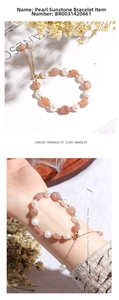 Detail of freshwater pearl and orange sunstone bracelet shown on wrist and in still life