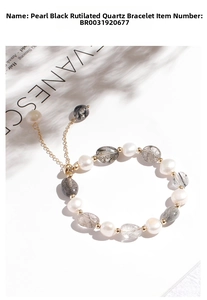 Close-up of adjustable pearl and rutilated quartz bracelet with gold metallic accents