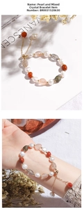Detail of beaded bracelet with blue aventurine, pearls and adjustable gold chain