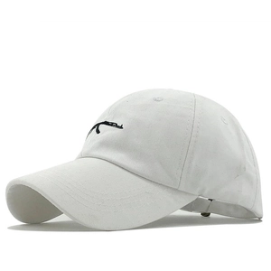 White baseball cap with black AK-47 rifle embroidery and adjustable metal buckle strap