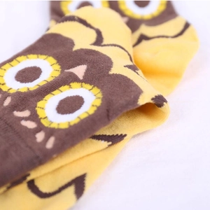 Cute yellow and brown cartoon owl pattern cotton knit ankle socks for women