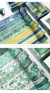 Detail of 12-roll washi tape set featuring Van Gogh art and green plant designs