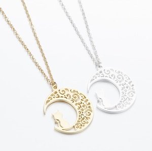Cute stainless steel hollow moon and cat necklaces in gold and silver finish
