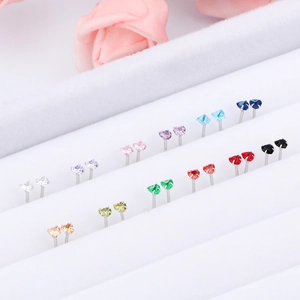 Set of colorful 3mm heart-shaped S925 sterling silver mini stud earrings for women