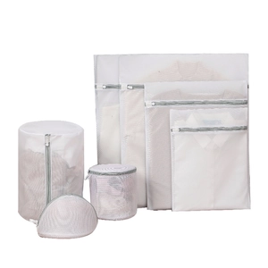 7-piece white polyester mesh laundry bag set in various sizes for washing machines