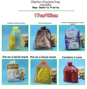 Detail showing 17x23cm organza drawstring bags with capacity for 100ml cosmetic bottles