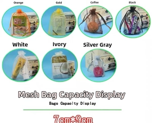 Detail of 7x9cm drawstring organza gift bags in multiple colors with content demonstration