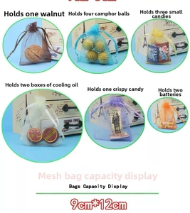Detail of 9x12cm organza drawstring gift bags in multiple colors with size capacity guide