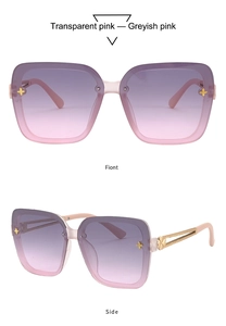 Detail of square pink frame sunglasses featuring golden metal star cut-outs on temples