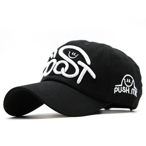 Close-up of white 3D embroidery on black cotton baseball cap with Smile face and Push Me logo