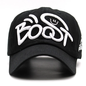 Classic black baseball cap with 3D white BOOST embroidery and curved brim in street style