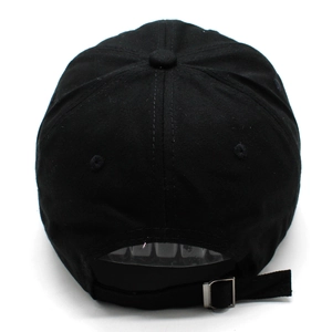 Detail view of the black baseball cap showing the adjustable metal buckle strap at the back
