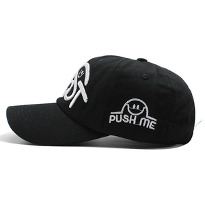 Classic black cotton baseball cap with white 3D ST embroidery and smiley face