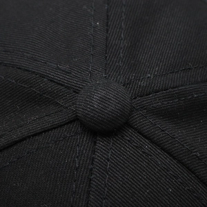 Detailed macro shot of black cotton baseball cap top showing stitching and crown button