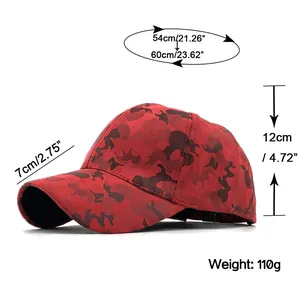 Size chart showing adjustable strap, 7cm brim, and 12cm height for camouflage baseball cap
