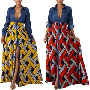 Damen V-Ausschnitt Langarm-Maxikleid mit Denim-Top und geometrischem Print-Rock
