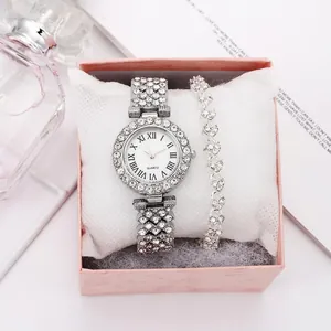 Elegant silver watch and heart bracelet set with full rhinestones in a pink gift box