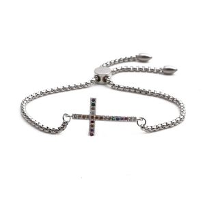 Silbernes Edelstahl-Boxarmband mit buntem Zirkonia-Kreuzanhänger für Herren