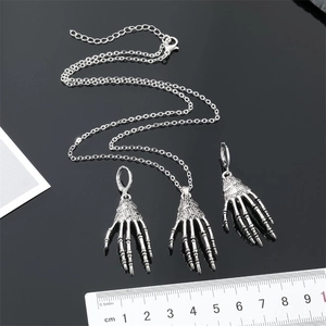 Gothic punk silver skull hand pendant necklace and earrings set with ruler measurement