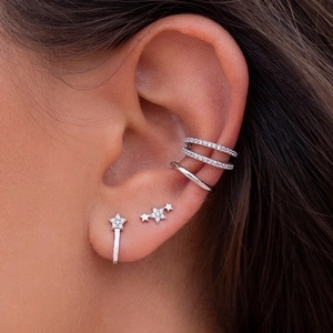Sterling silver star stud earrings and ear cuff set with sparkling zircon stones