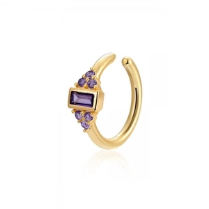 18k gold plated ear cuff with rectangular and round purple zircon stones on white background