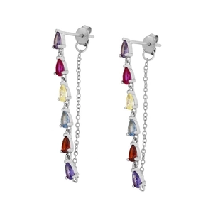 Elegant s925 silver long fringe earrings with multicolored teardrop zircon stones