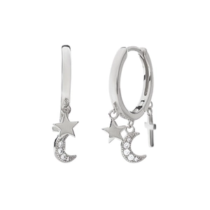 Orecchini 925 argento stella luna croce con cristalli su sfondo bianco