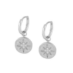 Silver round hoop earrings with starburst pendant and sparkling cubic zirconia stones