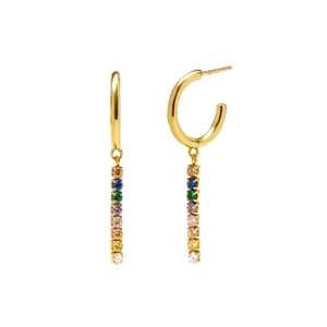 Detailed view of gold-plated rainbow gemstone drop earrings with colorful zircon stones
