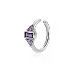 Detailed view of silver ear cuff featuring rectangular purple gemstones and round zircons