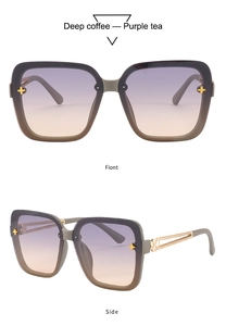Detail of square sunglasses with purple gradient lenses and hollow metal chain temples