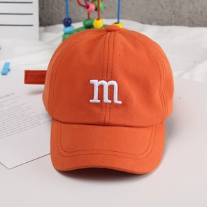 Bright orange cotton baseball cap with white letter m embroidery for kids and parents