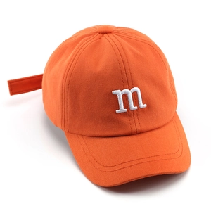 Kids bright orange cotton baseball cap with white M letter embroidery and curved brim