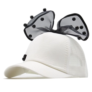 Kids baseball mesh cap with oversized black lace bow and pearls for girls