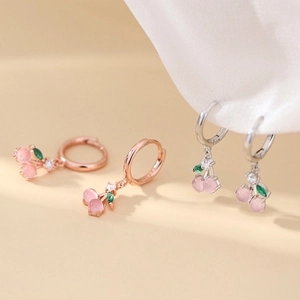 Elegant s925 silver pink cherry drop earrings with cat's eye stone and rose gold finish