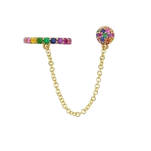 Golden tassel earrings with rainbow gemstones and geometric ear cuff link design