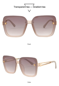 Close-up of gradient tea square sunglasses featuring gold floral metal temple details