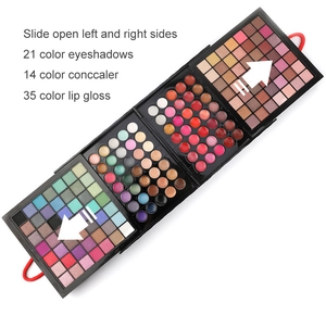 Detailed view of multi-layered makeup palette showing slide-out eyeshadow and lip gloss