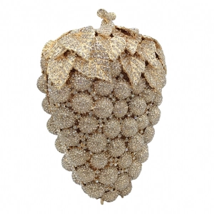 Close-up of a grape-shaped evening clutch bag featuring intricate crystal rhinestones