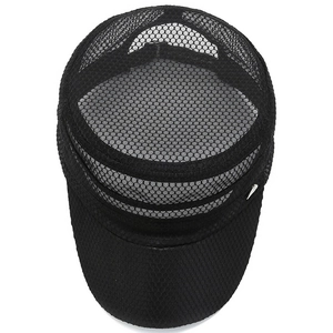 Breathable black mesh cadet hat with flat top and sun visor for outdoor summer wear