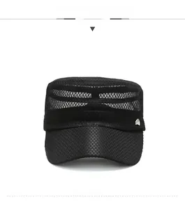 Front view of black breathable mesh flat top hat with silver metal buckle detail