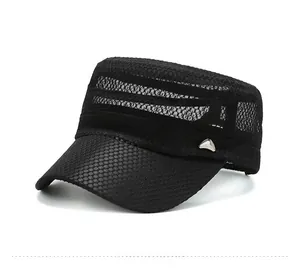 Detail of black breathable mesh flat top military cap with silver triangle accent