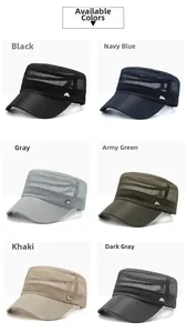 Detailed grid showing six colors of quick-dry mesh army caps with metal side accents