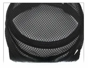 Detailed macro view of honeycomb mesh fabric and reinforced stitching on top of the black sun cap