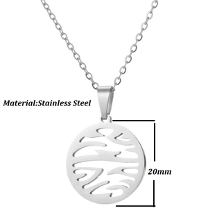 Detail view of 20mm hollow round moon cat pendant necklace in polished stainless steel
