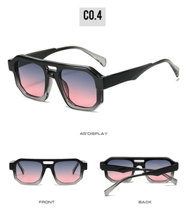 Three perspectives of punk double-bridge sunglasses with gradient lenses and gray frames
